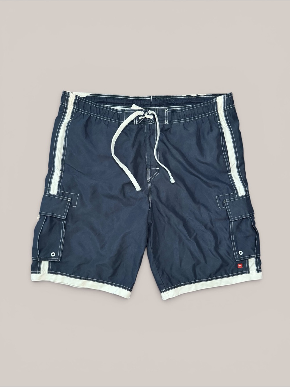 Y2K Vintage Tony Hawk navy blue swim shorts with white trim details
